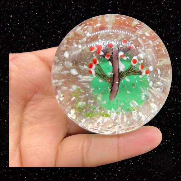 Vintage Art Glass Paperweight Cherry Tree w White Dots Round Sphere Glass 2.5”W - Picture 10 of 12